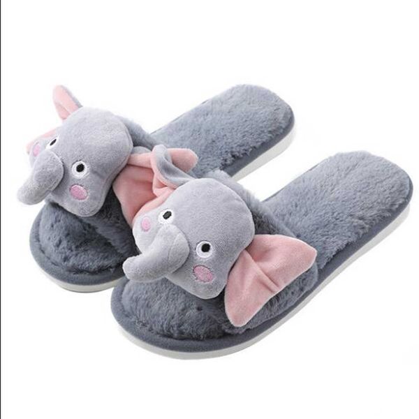 

winter indoor women plush slippers cute cartoon animal elephant funny girls furry bedroom flats ladies fur shoes xx639 210625, Black