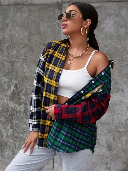 

tartan color block blouse p0ke#, White