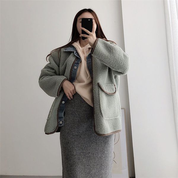 

jackets retro patchwork denim chic cardigans leisure feminine jacket soft thick loose lamb-hair casual all match warm coats, Black;brown