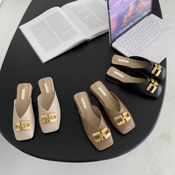 

slippers bailamos 2021 women brand designer square toe slip on mules metal buckle summer slides thin low heel ladies sandal qcyc, Black