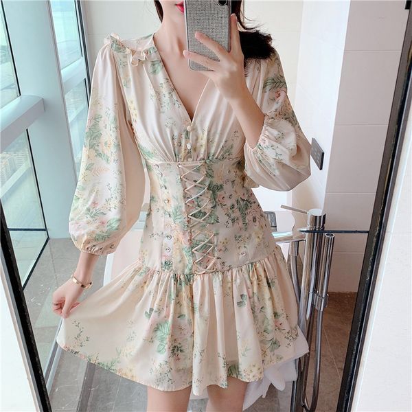 

runway autumn flower print v-neck puff sleeve short dress women long sleeve slim waist lace-up club party dress, Black;gray