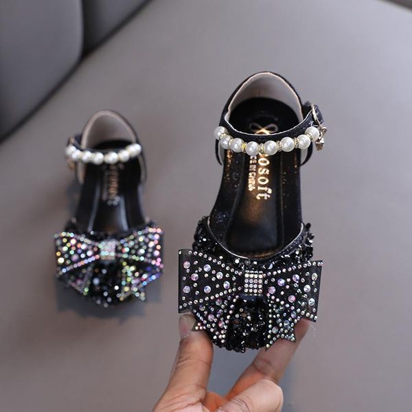 

sandals girls sequins leather fashion rhinestone pearl princess shoes kids butterfly non slip casual g100, Black;red