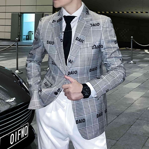 

men's suits & blazers italian men's jacket autumn 2021 printed plaid slim party club suit, White;black