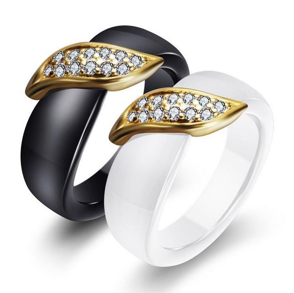 

wedding rings fashion jewelry black white women ring crystal gold color leaf ceramic for gift, Slivery;golden