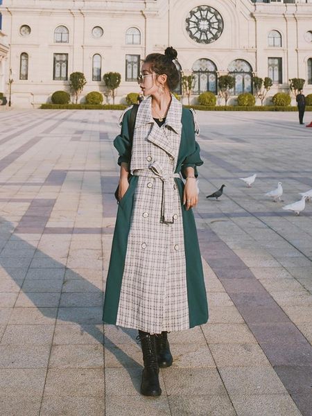 

women's trench coats long coat 2021 autumn british style temperament fashion lapel single-breasted green plaid windbreaker, Tan;black