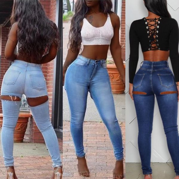 

jean women casual fashion washed distressed ripped jeans ladies street hole elastic skinny denim pencil pants, Blue