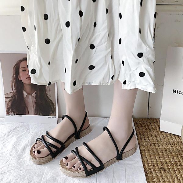 

slippers fashion women gladiator sandals bandage cloth online celebrity slipper women's outer wear versatile thick bottomed holiday fla, Black