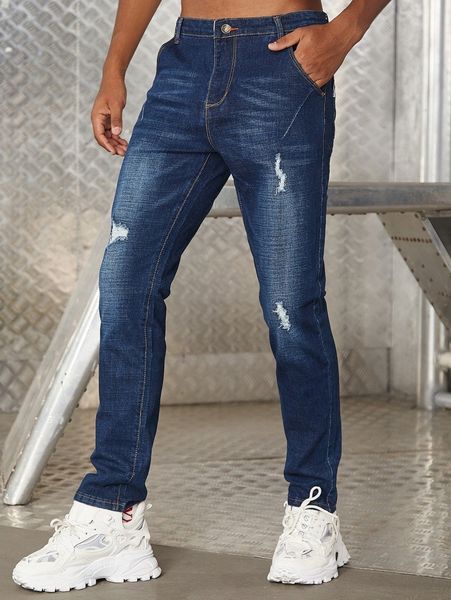 

men high waist washed ripped jeans n54i#, Blue