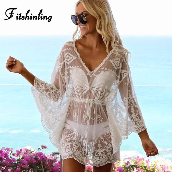 

fitshinling batwing sleeve lace beach dress swimwear bikini outer cover transparent summer dresses women bohemian pareo