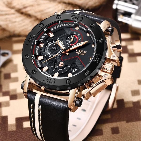 

wristwatches 2021 lige fashion mens watches big dial military quartz leather waterproof sports chronograph watch men, Slivery;brown