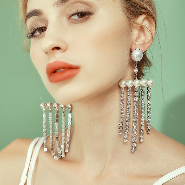 

fashion vintage personality dangle earring for women pearl rhinestone tassel chandelier earrings charm vacation dating dangles ear drop, Silver