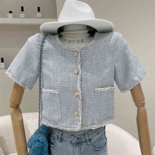 

summer chic woolen short coat korean sleeve plaid woman tweed jacket thin fashion elegant office lady sweet crop 210514, Black;brown