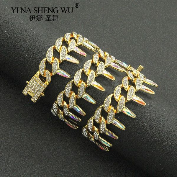

link, chain curb cuban bracelet woman 20mm width gold color iced out paved rhinestones rapper link men hiphop jewelry, Black