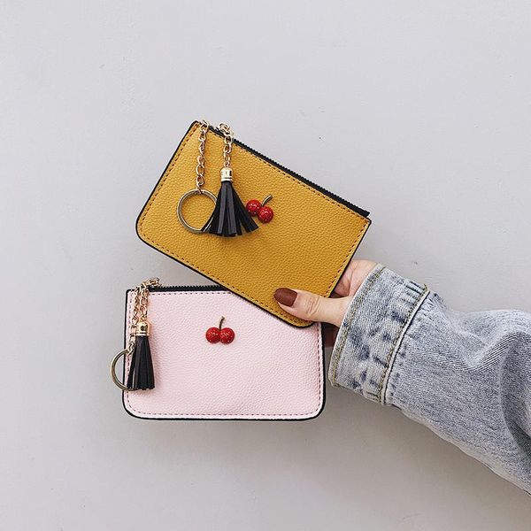 

wallets 2021 simple cherry korean pu leather ultra thin clip soft fringe zipper short wallet women's card bag zero, Red;black