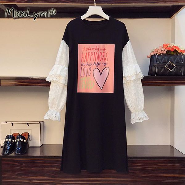 

plus size dresses l-5xl women casual print spring 2021 white hollow out lace long sleeve patchwork black cotton t shirt dress