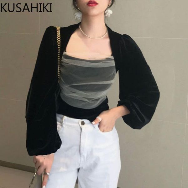 

women's blouses & shirts kusahiki korean mesh patchwork velour blouse puff long sleeve slim elegant shirt 2021 spring short blusas femm, White