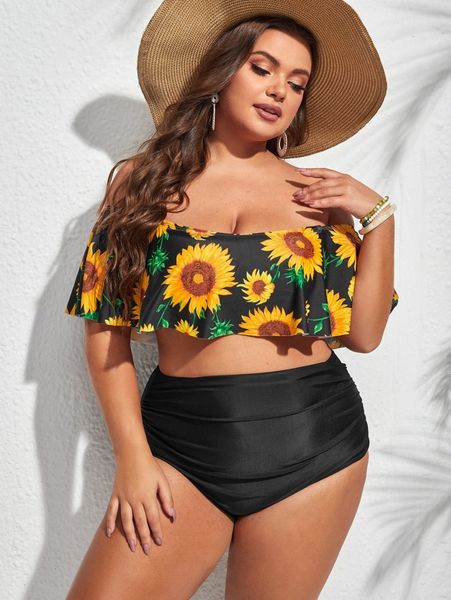 

plus sunflower print off the shoulder bikini swimsuit f6cc#, Black