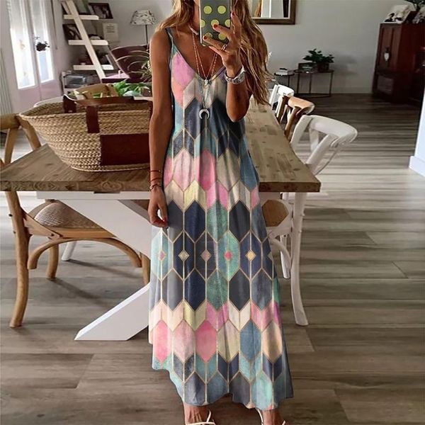 

casual dresses long dress women tropical printed strap 2021 sleeveless beach party v neck robe summer sundress robes, Black;gray