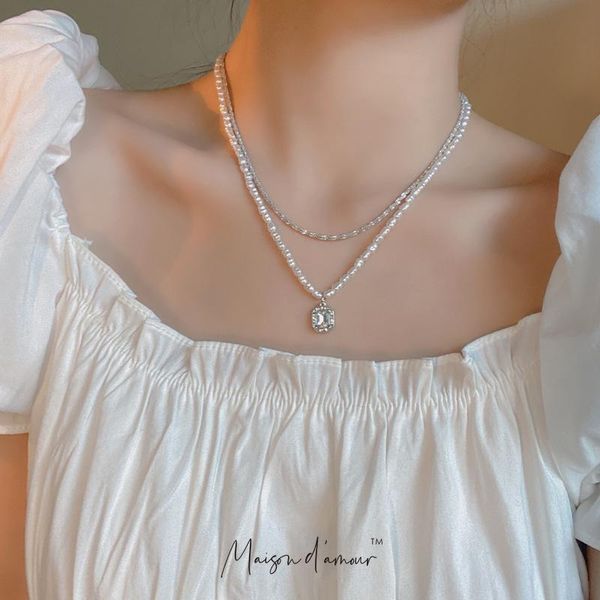 

pendant necklaces wholesale vintage baroque pearls necklace shiny square pendants women luxury jewelry, Silver