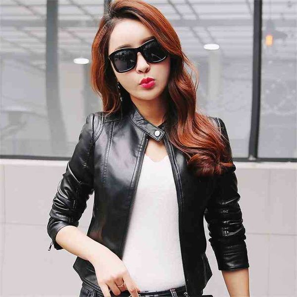 

spring autumn casual leather jacket ladies slim zipper black pink pu short coats women biker moto style jackets 210525