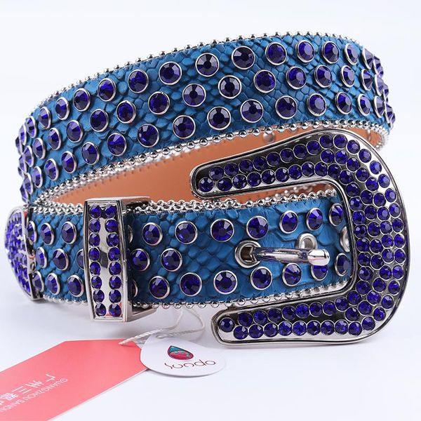 Cinture Cintura blu con diamanti Designer borchiato per uomo Moda Cinturini in pelle di serpente con strass