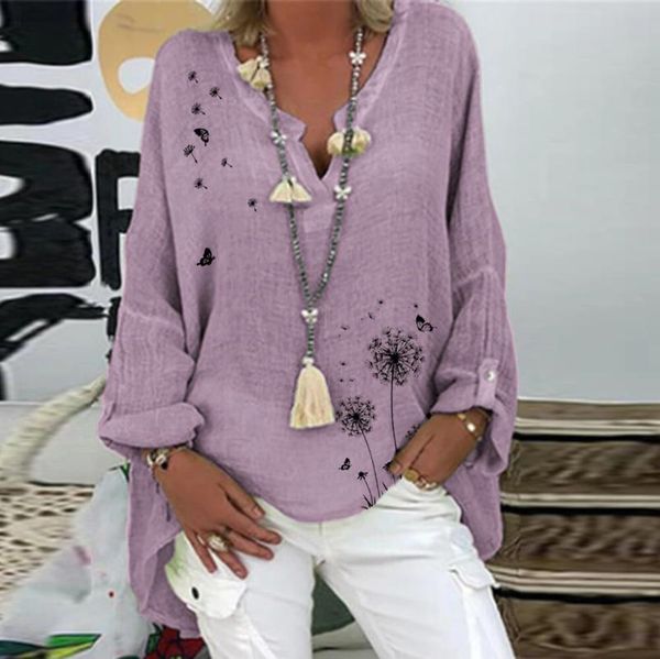 

women's blouses & shirts cotton and linen blouse women casual plus size long sleeve floral print loose v-neck grote maten dames kleding, White
