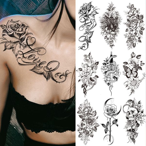 Adesivo de tatuagem temporária impermeável Eu te amo tatuagens flash borboleta borboleta flores cor corpo arte braço de manga falsa tatoo mulheres