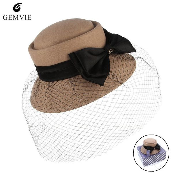 

stingy brim hats elegant lady hat vintage wool felt big bowknot bucket for women solid color large dome basin cap with veil, Blue;gray