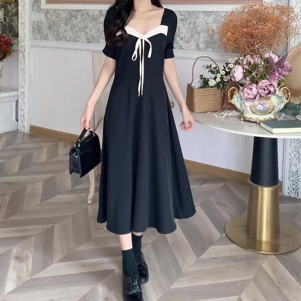 

casual dresses french royal style dress summer tight waist slimming contrast color low collar black temperament women, Black;gray