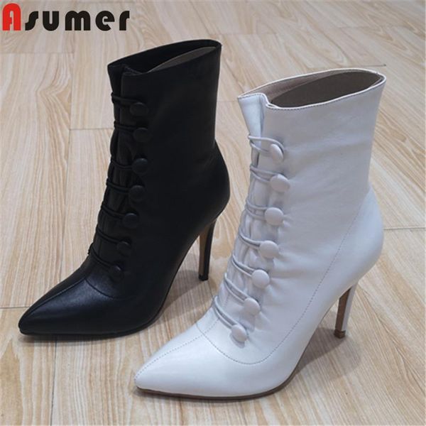 

boots asumer 2021 genuine leather women pointed toe slip on super high heels shoes classic ankle, Black