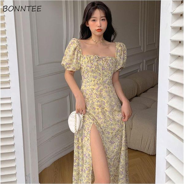 

casual dresses midi dress women shirring design sweet holiday ins square collar sundress puff sleeves side-slit gentle s-2xl summer chic ret, Black;gray