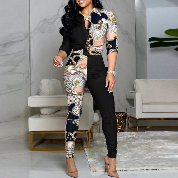

women's two piece pants women set autumn fashion patchwork printed lapel button cardigan shirt slim long vintage casual ladies suit, White