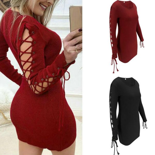 

casual dresses women's lady bodycon mini dress knitted winter warm long sleeve slim fit, Black;gray