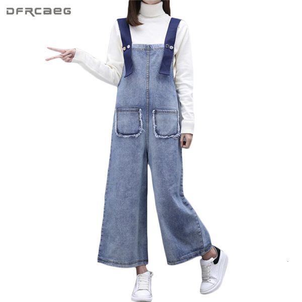 

women's jumpsuits & rompers big pockets denim overalls women autumn loose romper ankle-length pants casual strap wide leg jumpsuit, Black;white