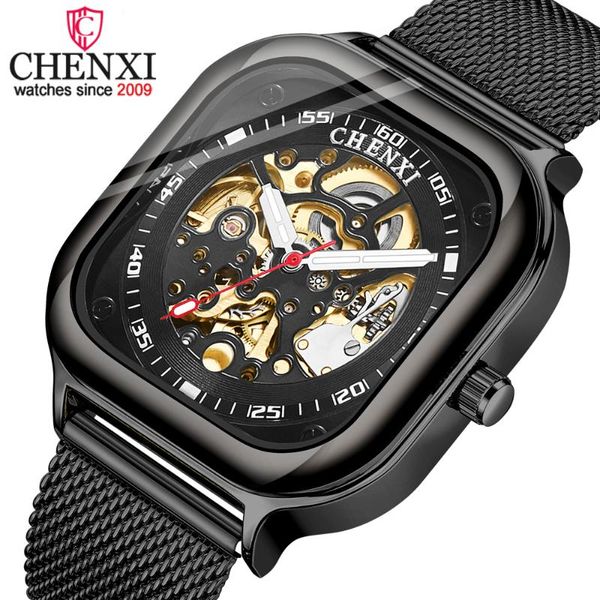 

wristwatches chenxi business watch men automatic mechanical wrist stainless steel waterproof skeleton tourbillon clock brand watche, Slivery;brown