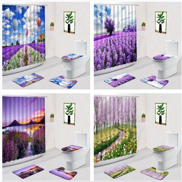 

shower curtains romantic lavender air balloon flower home decor non-slip flannel carpet bathroom mat door pad toilet cover