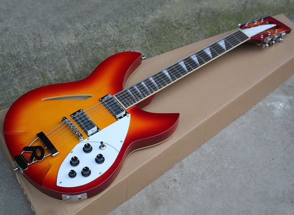 

12 strings cherry sunburst semi-hollow electric guitar with 2 jacks,rosewood fretboard,white pickguard,r tailpiece