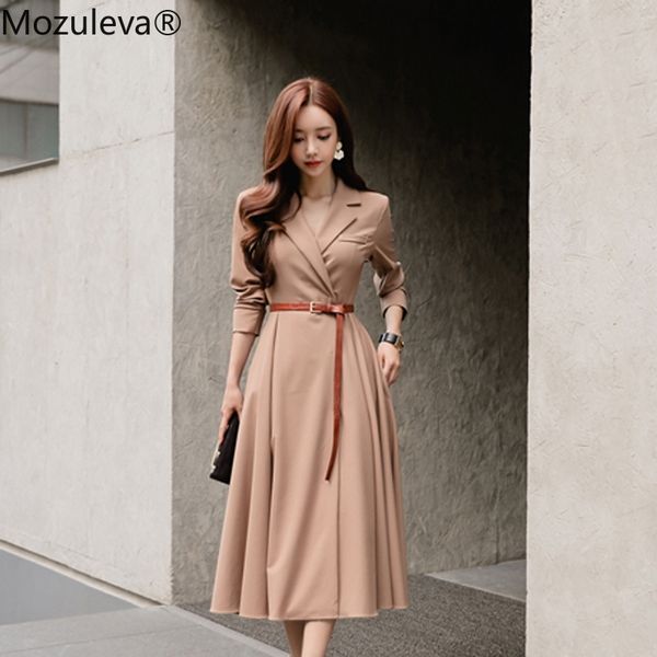 

elegant v-neck women a-line dress casual full sleeve long sashes pleated patry vestidos femme autumn winter 210427, Black;gray