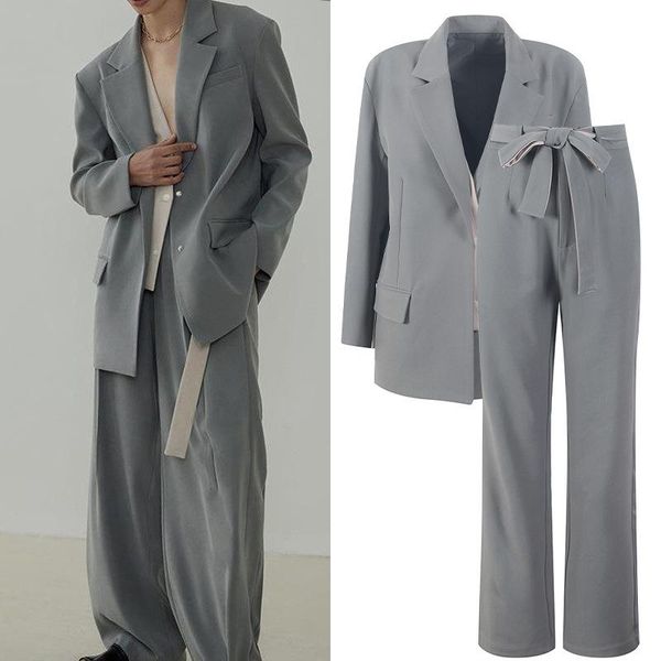 

women's two piece pants 2021 autumn 2 pieces sets women blazers wide leg fashion coats casual streetwear elegant office lady ourfits ko, White
