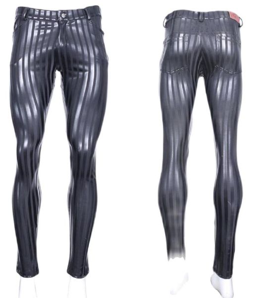 

men's pants men faux leather pu fleece skinny pencil striated legging mid-rised vertical stripes street fashion sports casual trousers, Black