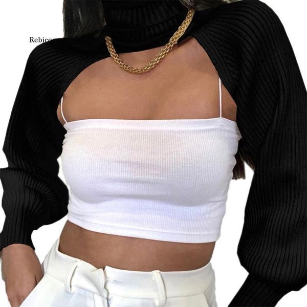 

women lantern long sleeve sweater hollow out turtleneck solid color crop ribbed knitted loose pullover shrug cover up women's sweat, White;black