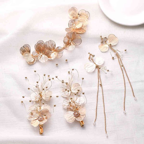 

4 pcs sets headbands flower gold hairgrips tassel earrings for women bridal hair accessories pearls handmade fashion jewelry, Slivery;golden