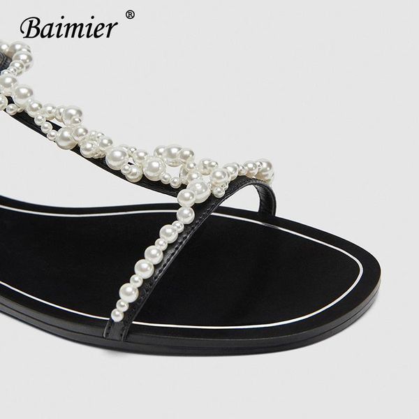 

sandals baimier luxury pearl women open toe flat buckle gladiator summer beach shoes woman k01f, Black