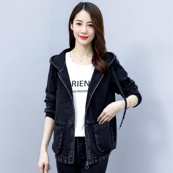 

autumn winter hooded zipper jacket for women 2021 korean casual black woman jeans jackets and coats plus size loose fashion coat women', Black;brown