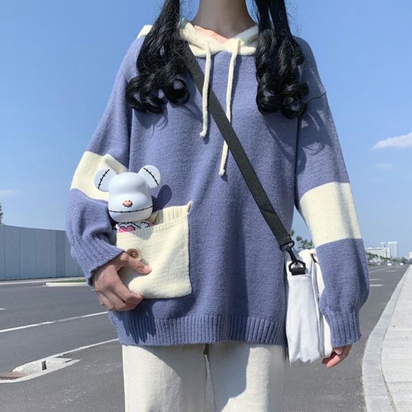 

women's sweaters autumn and winter college style wild color matching sweater female students loose thin hooded jacket, White;black