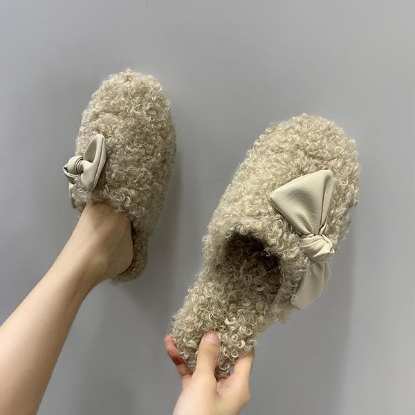 

woman shoes slipper winter ladies' slippers flock luxury slides pantofle fur flip flops cover toe butterfly-knot low flat soft, Black