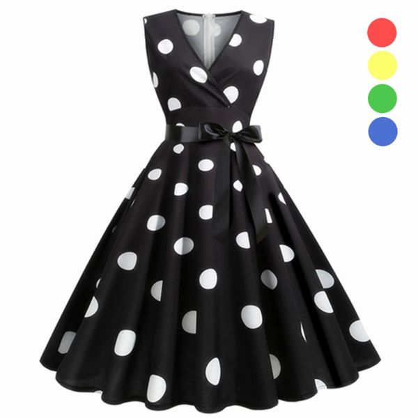 

casual dresses vintage polka dot dress 50s 60s retro summer women sleeveless tank swing pleated with self-tie bow belts elegant, Black;gray