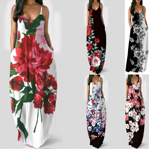 

casual print o neck womens dress pockets sleeveless maxi long vestido de mujer summer wholesale, Black;gray
