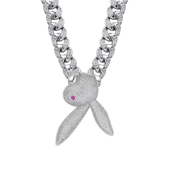 

pendant necklaces men hip hop long ear head necklace with 13mm miami cuban chain iced out bling hiphop male choker, Silver