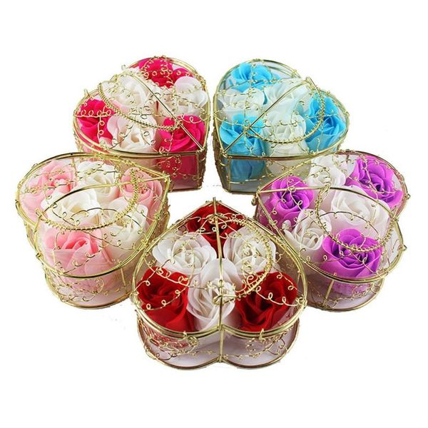 

petals gilded iron heart-shaped basket with 6 soap flower rose fragrance valentine's day gift for women decorative flowers & wreaths